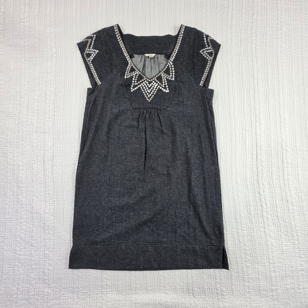 Fossil Denim Tunic Dress Women Small Dark Grey EUC Sequin Boho Pockets